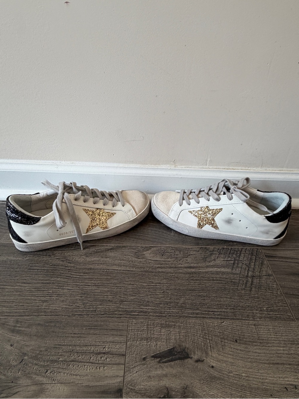 Golden Goose Super-Star White Leather Sneakers with Gold Star and Black Heel